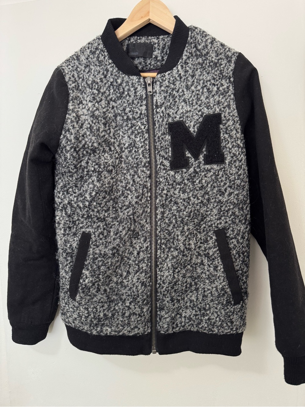 Minimum Denmark Women’s Wool Blend Varsity Bomber Jacket Size 40 Grey Black M